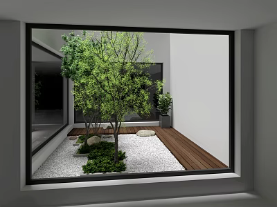 Indoor Courtyard Landscape View Through Window With Green Trees Gravel And Wood Flooring 3d model