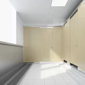 Public Restroom Interior With Yellow Handrails Toilet Sink And White Tiles