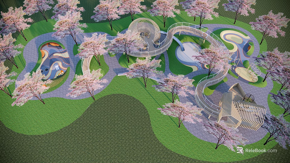 Scenic Children's Play Area With Cherry Blossom Trees Spiral Structures And Winding Pathways 3d model 