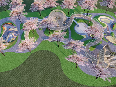 Scenic Children's Play Area With Cherry Blossom Trees Spiral Structures And Winding Pathways 3d model