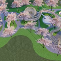 Scenic Children's Play Area With Cherry Blossom Trees Spiral Structures And Winding Pathways
