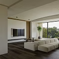 Bright Living Room With White Sofa Large Windows Trees Outside And Wooden Floor