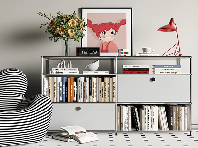 Modern Entryway Cabinet And Side Cabinet With Open Shelves Books Framed Artwork And Table Lamp 3d model