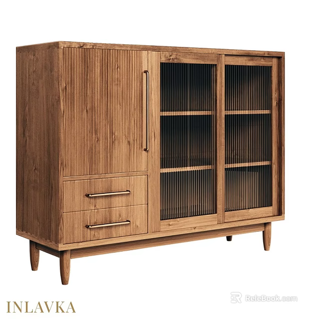Modern Minimalist Wooden Sideboard With Glass Doors Vertical Grilles And Two Drawers Metal Handles 3d model 