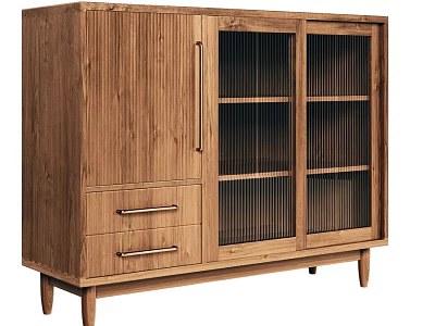 Modern Minimalist Wooden Sideboard With Glass Doors Vertical Grilles And Two Drawers Metal Handles 3d model