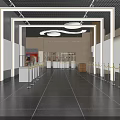 Spacious Modern Interior Entrance With White Columns Black Floor And Shelves Lighting
