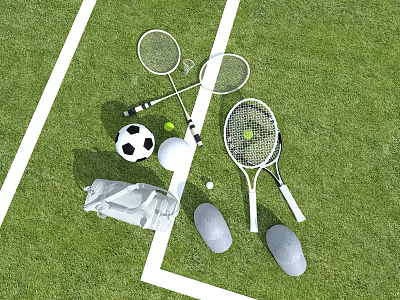 Essential Sports Equipment Collection With Rackets Balls Knee Pads And Bag On Green Field 3d model