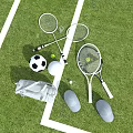 Essential Sports Equipment Collection With Rackets Balls Knee Pads And Bag On Green Field