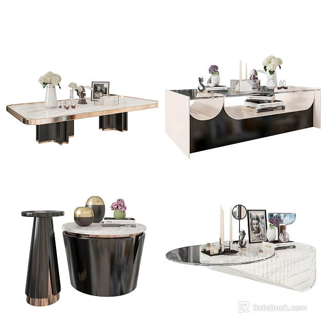 Modern Coffee Tables With Marble Tops Metal Bases And Decorative Vases Frames 3d model 