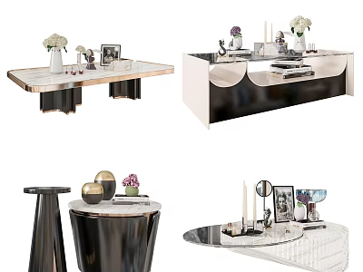 Modern Coffee Tables With Marble Tops Metal Bases And Decorative Vases Frames 3d model