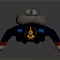 Blue Military Uniformed Figure With Golden Decorated Hat Red Cuffs Backpack Against Gray Background