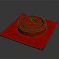 Red Metallic Equipment Component With Square Base Circular Top And Triangular Symbol