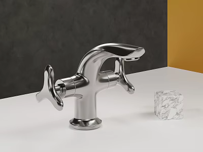 Modern Chrome Faucet on White Countertop with Marble Cube Against Dark Gray and Yellow Wall 3d model