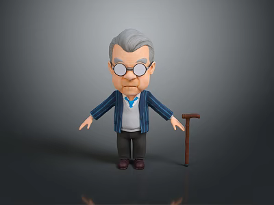 Elderly Man Character With Gray Hair Wearing Glasses Blue Striped Jacket And Wooden Cane 3d model