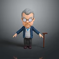 Elderly Man Character With Gray Hair Wearing Glasses Blue Striped Jacket And Wooden Cane