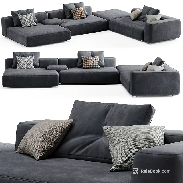 Modern Gray Sectional Sofa With Comfortable Pillows And Upholstered Design Displayed In Various Angles 3d model
