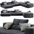 Modern Gray Sectional Sofa With Comfortable Pillows And Upholstered Design Displayed In Various Angles 3d model