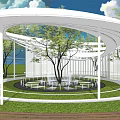 Modern Garden Landscape Design With Spiral White Structure Green Lawn And Central Trees