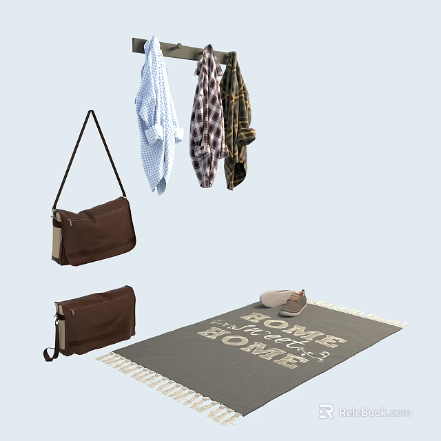 Hooks Hanging Clothes And Brown Bag Near Home Sweet Home Rug With Bowl And Cat 3d model 