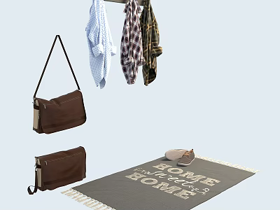 Hooks Hanging Clothes And Brown Bag Near Home Sweet Home Rug With Bowl And Cat 3d model