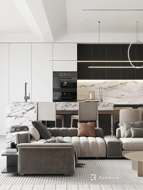 Modern Dining and Living Room Interior With Marble Table Gray Sofa And Hanging Lights 3d model 