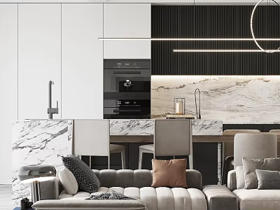 Modern Dining and Living Room Interior With Marble Table Gray Sofa And Hanging Lights 3d model