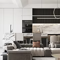 Modern Dining and Living Room Interior With Marble Table Gray Sofa And Hanging Lights