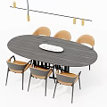Modern Oval Dining Table Set With Six Chairs And Hanging Pendant Lights 3d model