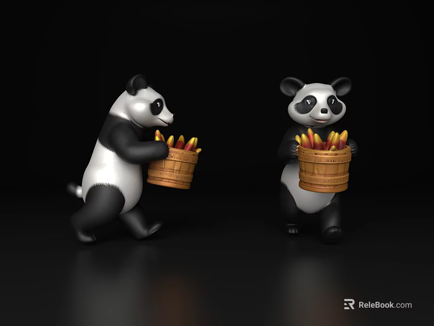 Two Small Reptiles Holding Woven Baskets Filled With Ripe Bananas On Black Background 3d model 