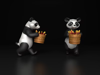 Two Small Reptiles Holding Woven Baskets Filled With Ripe Bananas On Black Background 3d model