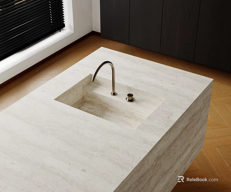 Modern Light Stone Washbasin Countertop with Faucet on Wooden Floor 3d model 