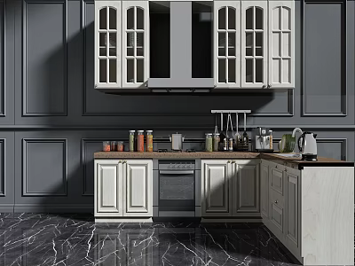 White Kitchen Cabinets With Glass Doors And Marble Countertop In Gray Interior 3d model