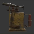 Vintage Weapon Metal Blowtorch Featuring Rustic Yellow Red Handle And Antique Nozzle Design