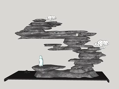 Decorative Ornament Combination with Stacked Stones Cloud Accents and Small Figurine on Black Base 3d model