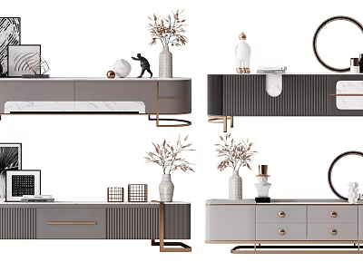 Elegant Modern TV Stand With Marble Top Metal Frame Drawers And Decorative Vases 3d model