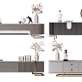 Elegant Modern TV Stand With Marble Top Metal Frame Drawers And Decorative Vases
