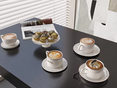 Latte Coffee with Latte Art and Cupcakes on Black Table with Magazine 3d model