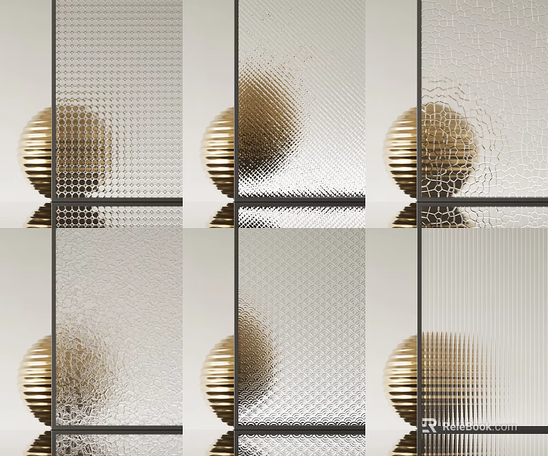Textured Glass Room Divider With Black Metal Frame And Golden Decorative Spheres 3d model 