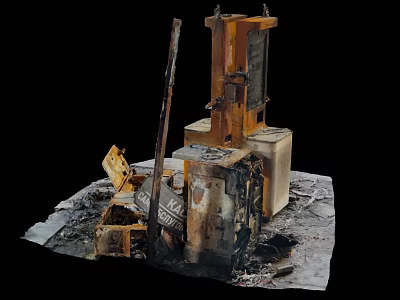 Burnt Industrial Metal Structure With Debris Ash And Damaged Components 3d model
