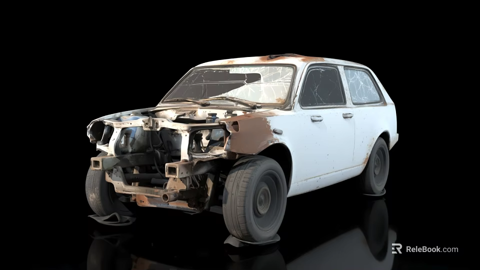 Rusted White Car Dismantled Front End Showing Automotive Parts Details 3d model 
