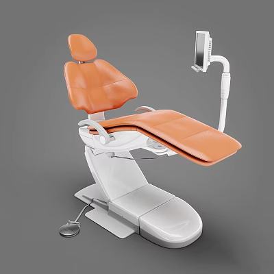 Modern Dental Chair With Orange Upholstered Seat White Base And Monitor Arm 3d model