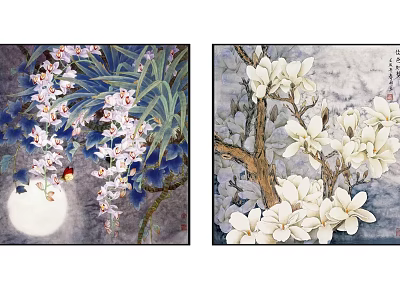 Traditional Botanical Paintings With Purple Orchids White Magnolias Moon Bird And Branches 3d model
