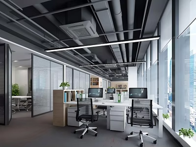 Modern Public Office Space Design With Open Layout Large Windows Desks Computers And Green Plants 3d model