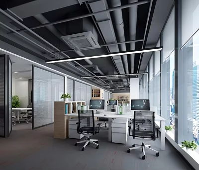 Modern Public Office Space Design With Open Layout Large Windows Desks Computers And Green Plants 3d model