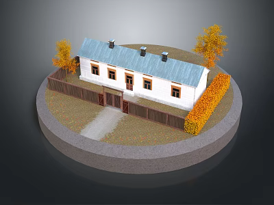 White Residential House With Blue Roof Chimneys And Autumn Yellow Trees Wooden Fence Stone Path 3d model