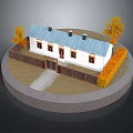 White Residential House With Blue Roof Chimneys And Autumn Yellow Trees Wooden Fence Stone Path