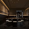 Modern Restaurant Interior With Wooden Tables Chairs Wall Paintings Central Vase And Lighting Fixtures