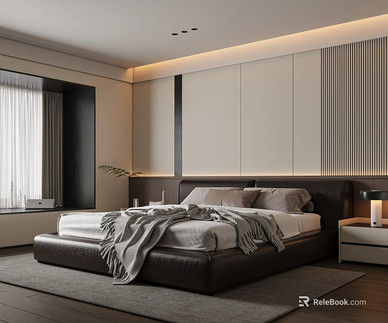 Modern Minimalist Bedroom Interior Design With Large Bed Headboard Wall Table Lamp And Soft Rug 3d model 