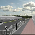 Road Infrastructure with Multi Lane Road White Guardrails Red Brick Pedestrian Walkway and Cars