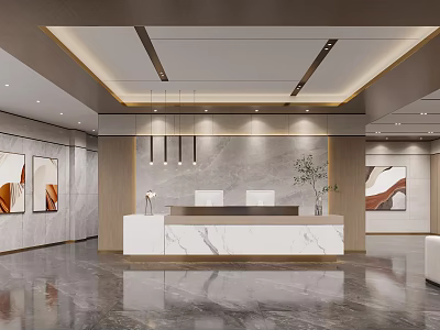 Modern Hotel Lobby Interior With Marble Reception Desk Pendant Lights And Wall Art 3d model